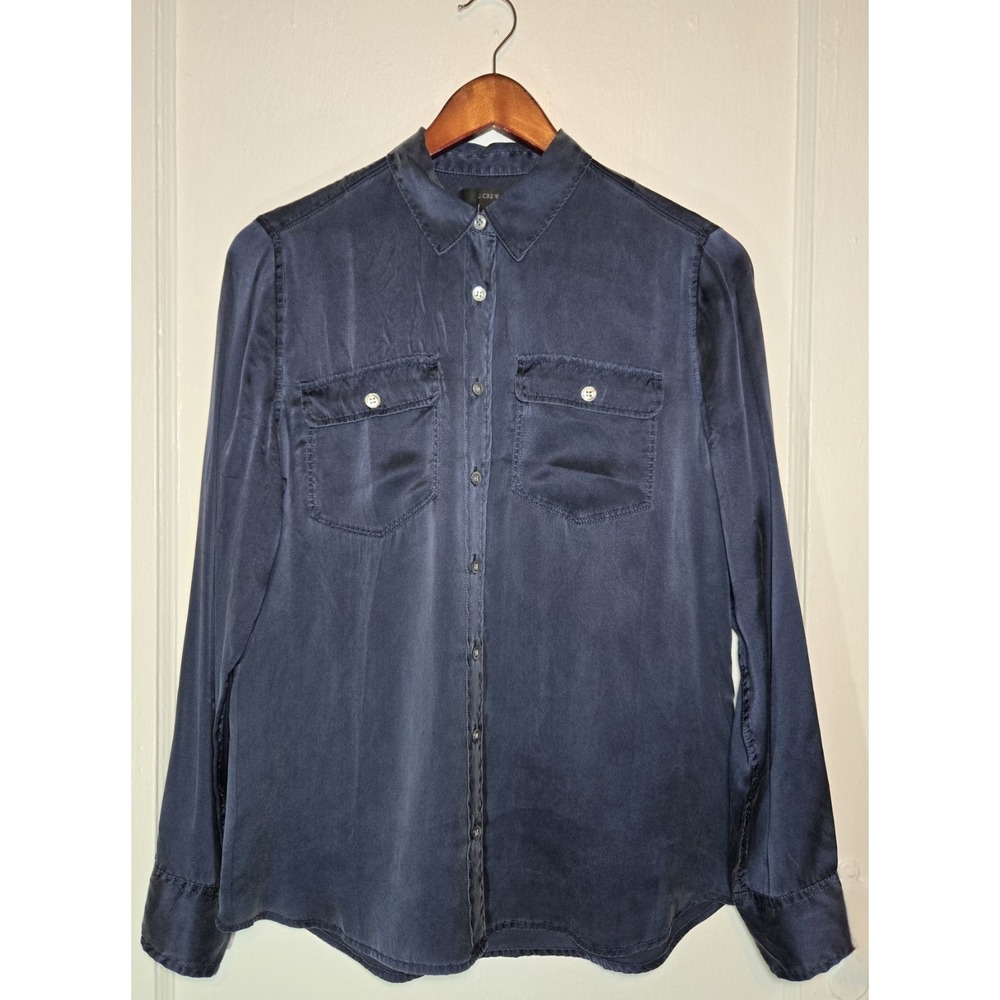 J.CREW Women's 100% Silk Button Up Shirt Navy Blue Preppy Workwear Career Size 4
